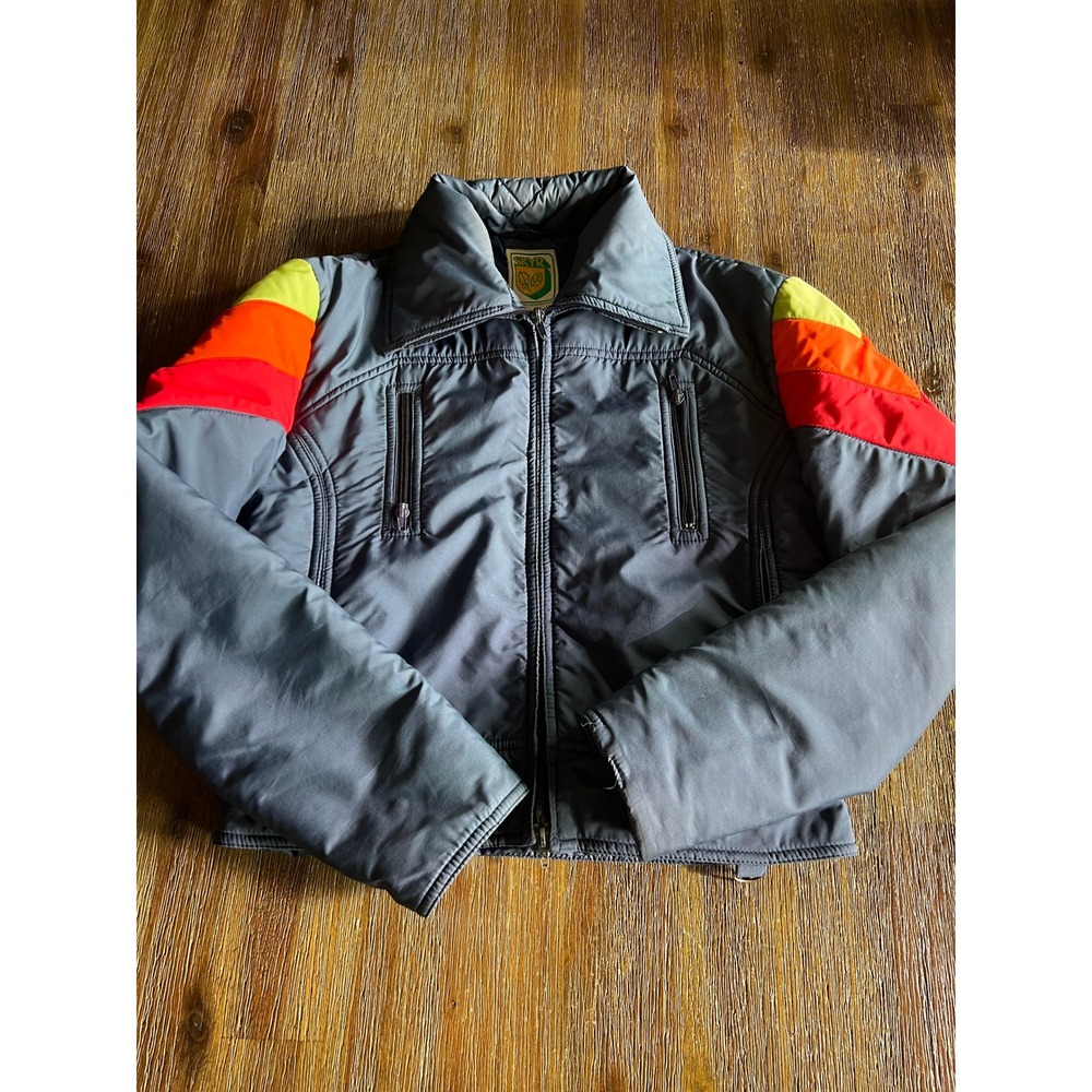 Vintage Skyr Puffer Jacket Gray Rainbow Stripe Ski Retro Mens Small